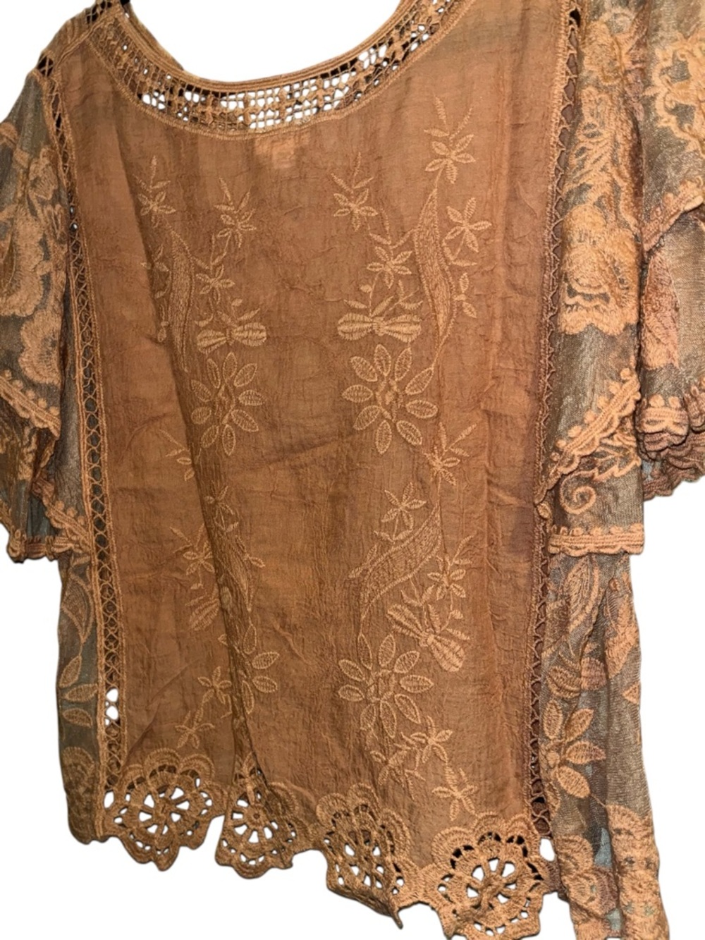 POL Brown Floral Lace V-Neck Blouse OS - Picture 2 of 4